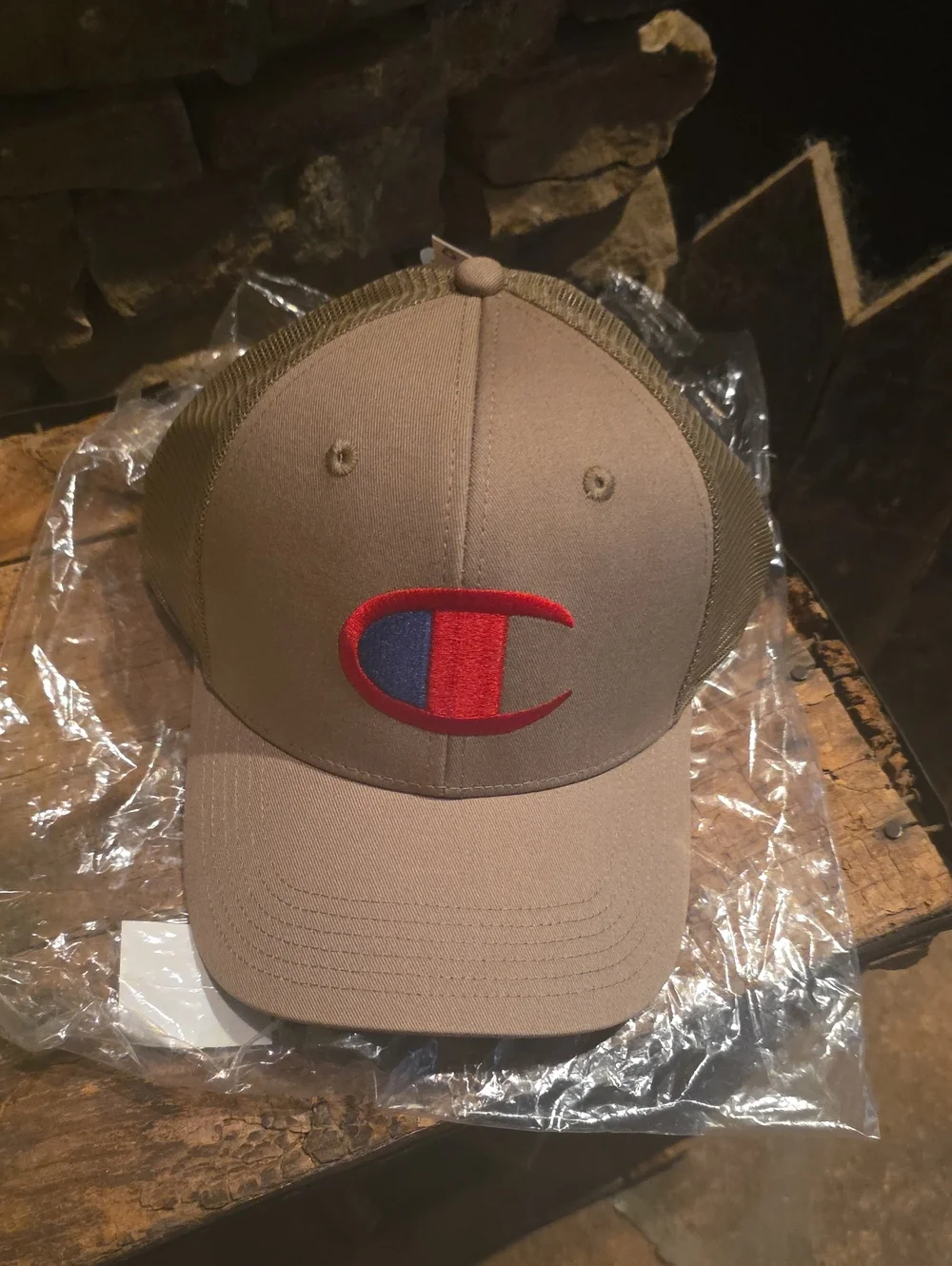 Champion Khaki Mesh-Back Cap with Red & Blue Logo